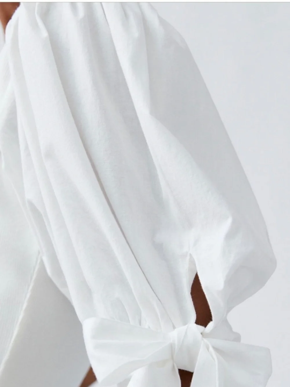 Anthropologie Maeve White Ribbed Cotton Knit V Neck Puff Sleeve Bow Top SZ S